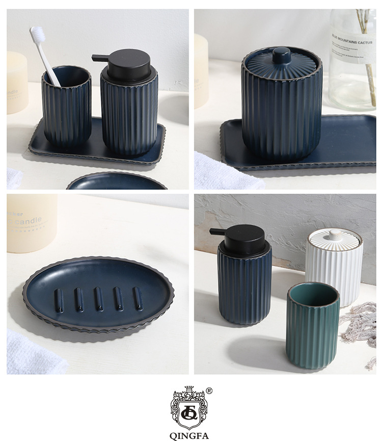 Customized ceramic bathroom set, black clay rough pottery embossed press bottle, lotion bottle, mouthwash cup, soap dish, toiletries set pic 11