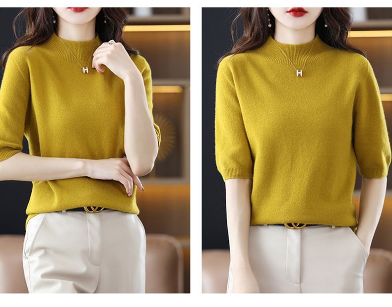 A semi-high-neck casual knitted sweater for women in spring 2023, in a solid color, paired with a half-sleeved base layer sweater T-shirt pic 29