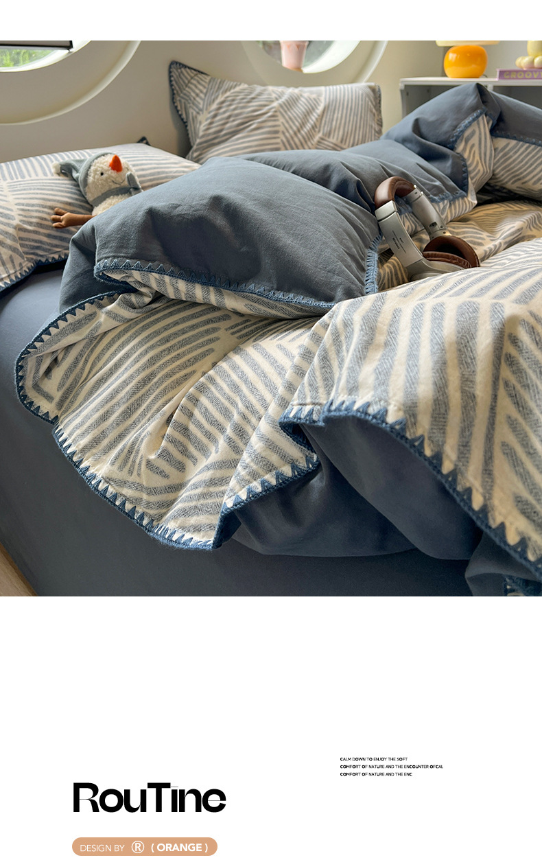 Simple autumn and winter pure cotton brushed bed four-piece set, thickened all-cotton quilt cover, light luxury and high-end bed sheet three-piece set pic 4