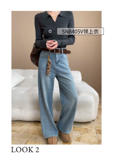 司南修腿型天菜含腰带挂件水洗浅蓝窄版直筒加绒牛仔裤SN8358详情5