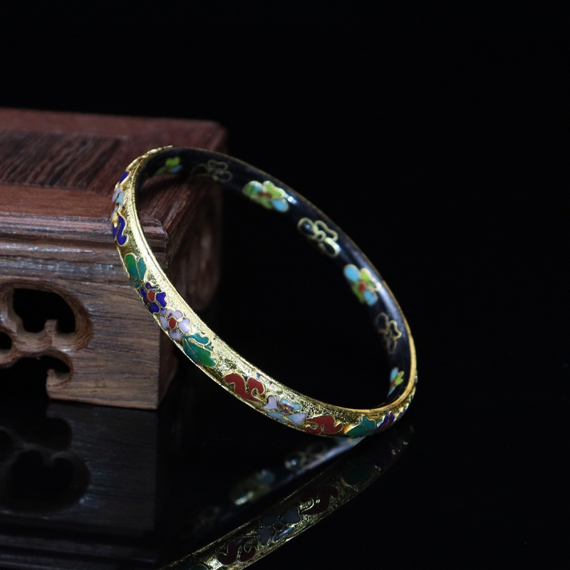 Beijing Cloisonne vintage collectibles, classical ethnic style copper body cloisonne enamel jewelry No. 7 flat gold base bracelet pic 7