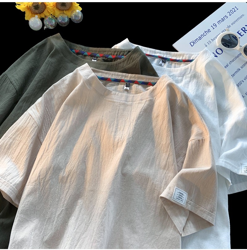 Linen short-sleeved T-shirt for men, a new summer trend. Cotton and linen half-sleeved loose solid color base layer, a trendy T-shirt top pic 13