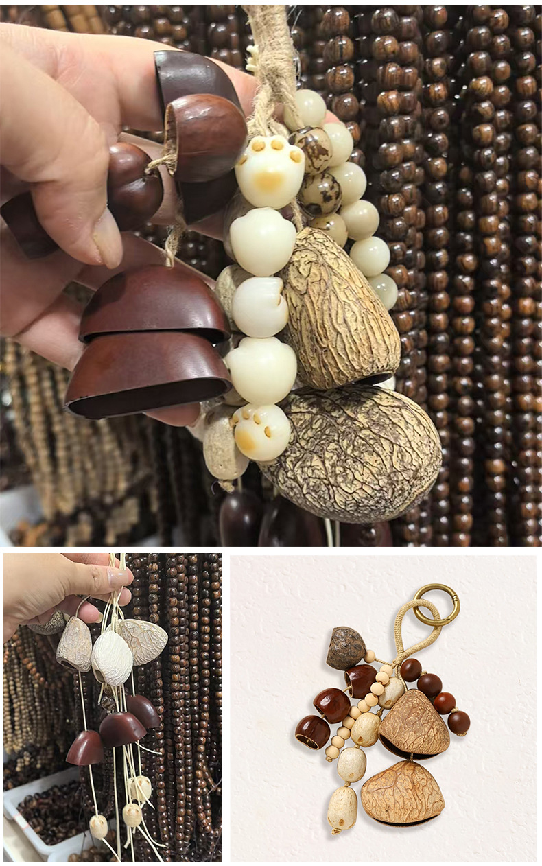 DIY hand-woven ethnic style pendant, featuring retro natural full-wish seeds, fruit shells, wind chimes, Bodhi seeds, keychains pic 6
