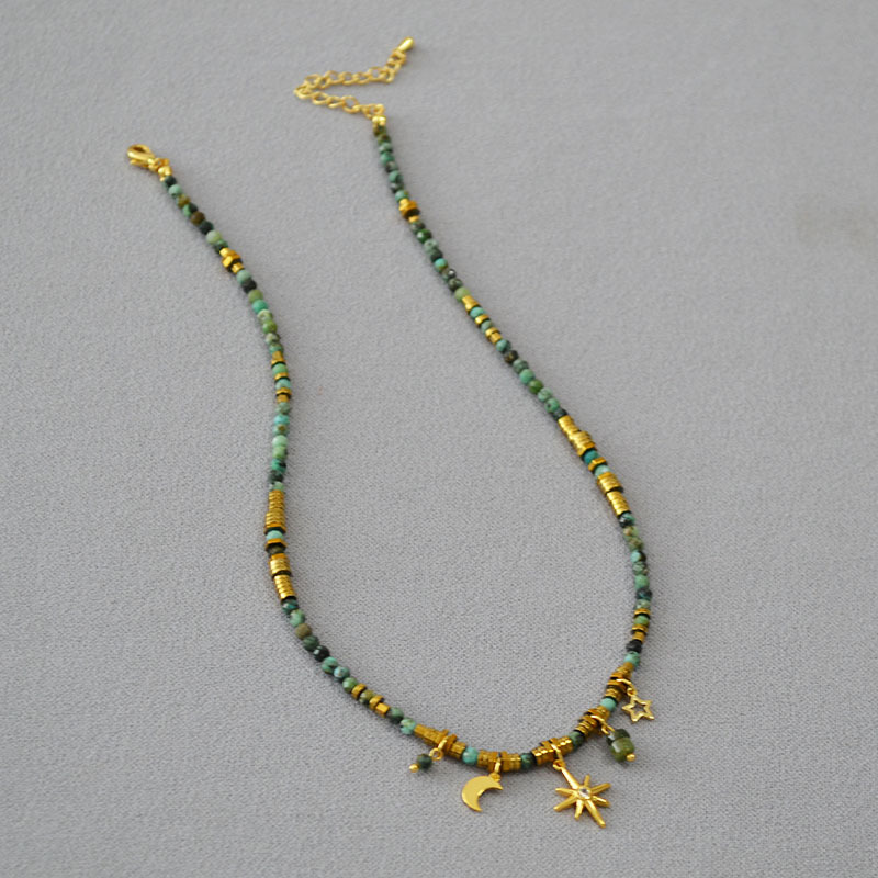 秋冬新款欧美小众设计复古文艺绿松石串珠星星月亮挂坠短款项链女详情6