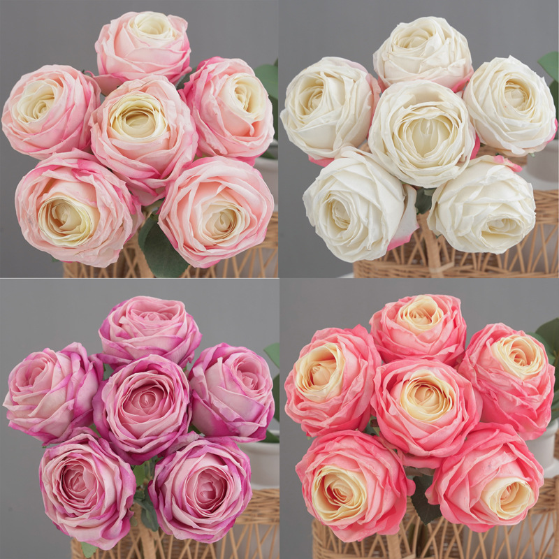 6头焦边荷兰玫 仿真花假花家居装饰婚庆新娘手捧花束摄影道具详情3
