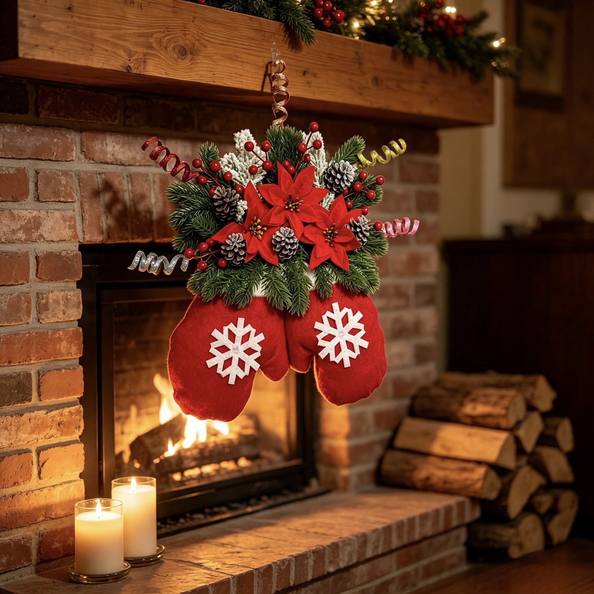 Christmas glove pendants, Christmas tree decorations, pine branches, snowballs, pinecones, and colorful lights embellish the background of gift boxes, creating a festive atmosphere pic 4