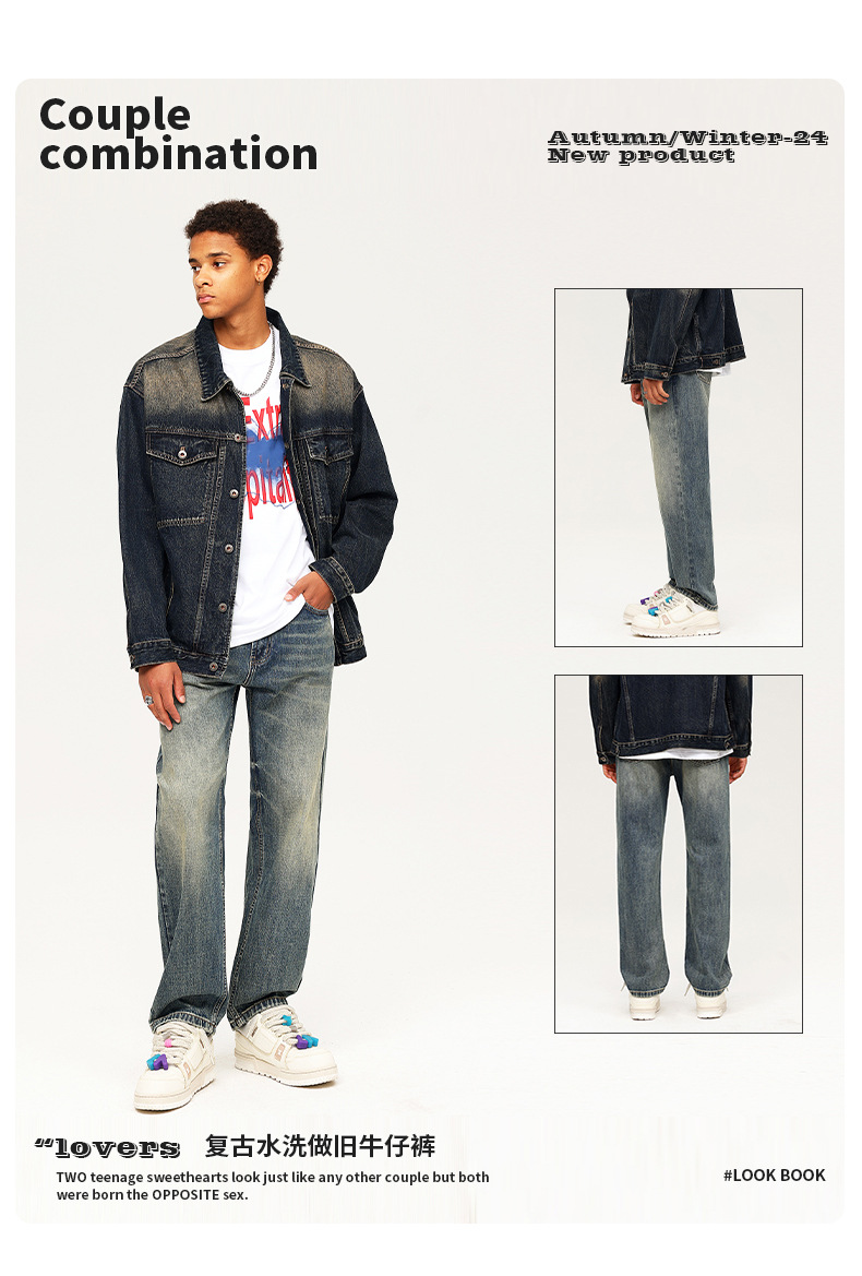 American retro yellow mud-dyed straight-leg jeans for men, vintage washed loose wide-leg pants for men pic 5