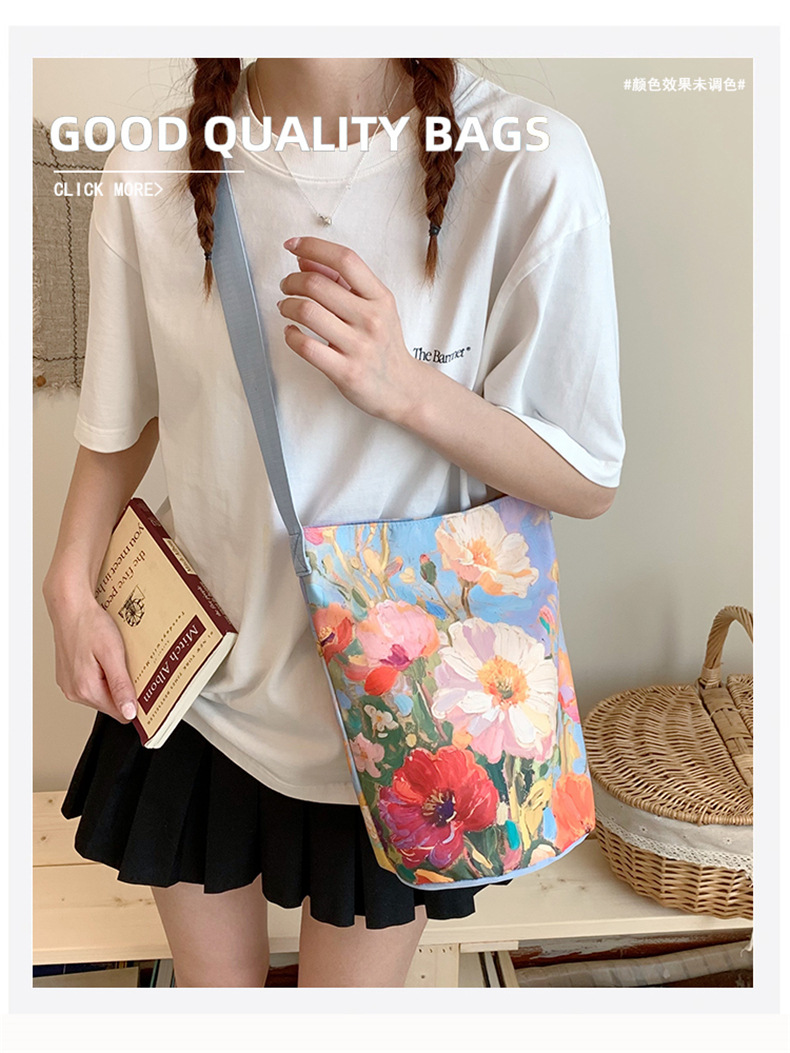 大容量国风印花水桶包女创意花卉个性手提单肩包设计感休闲斜挎包详情2