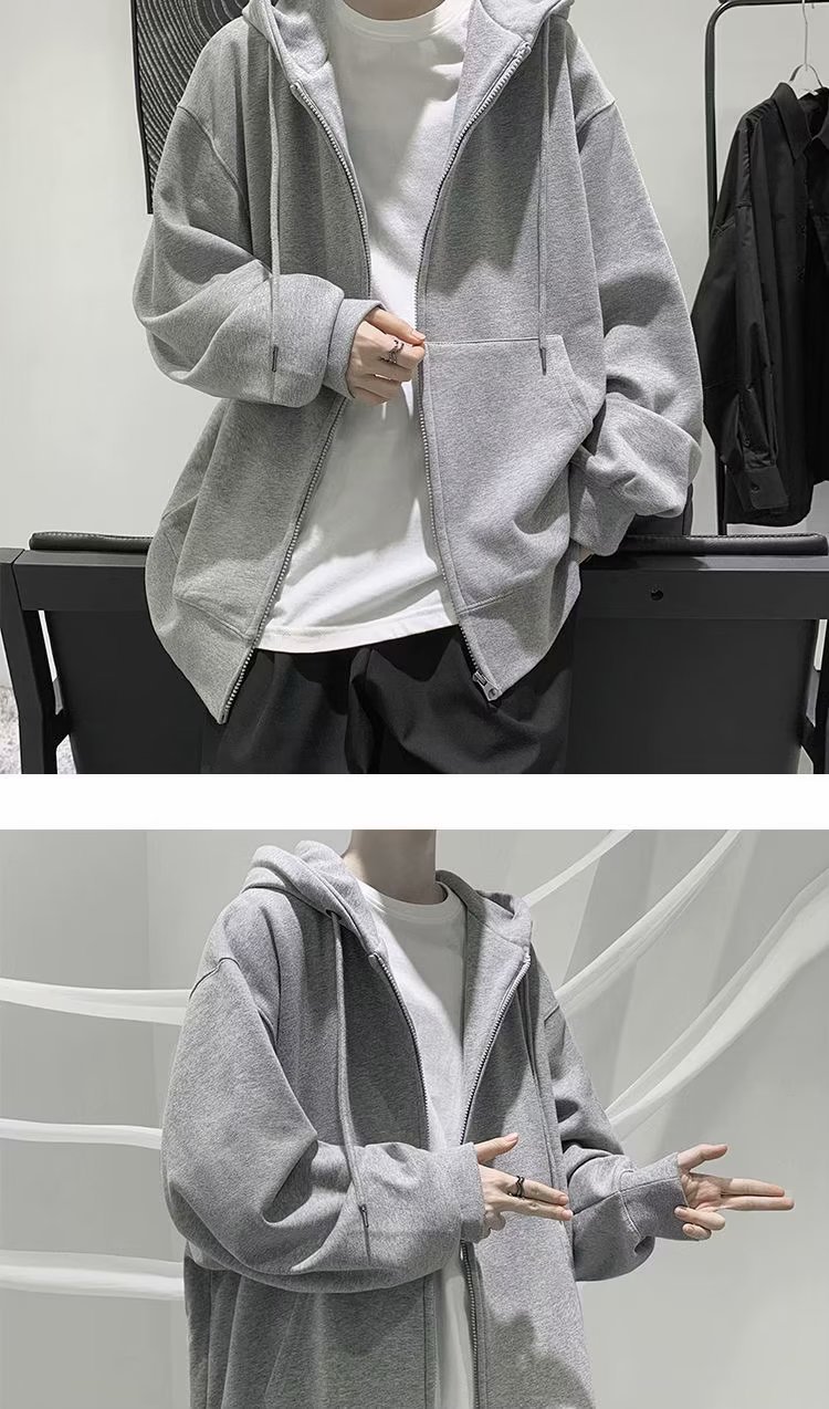 开衫卫衣男式秋季连帽衫纯色衣服加绒拉链宽松外套男士秋冬运动衫详情5