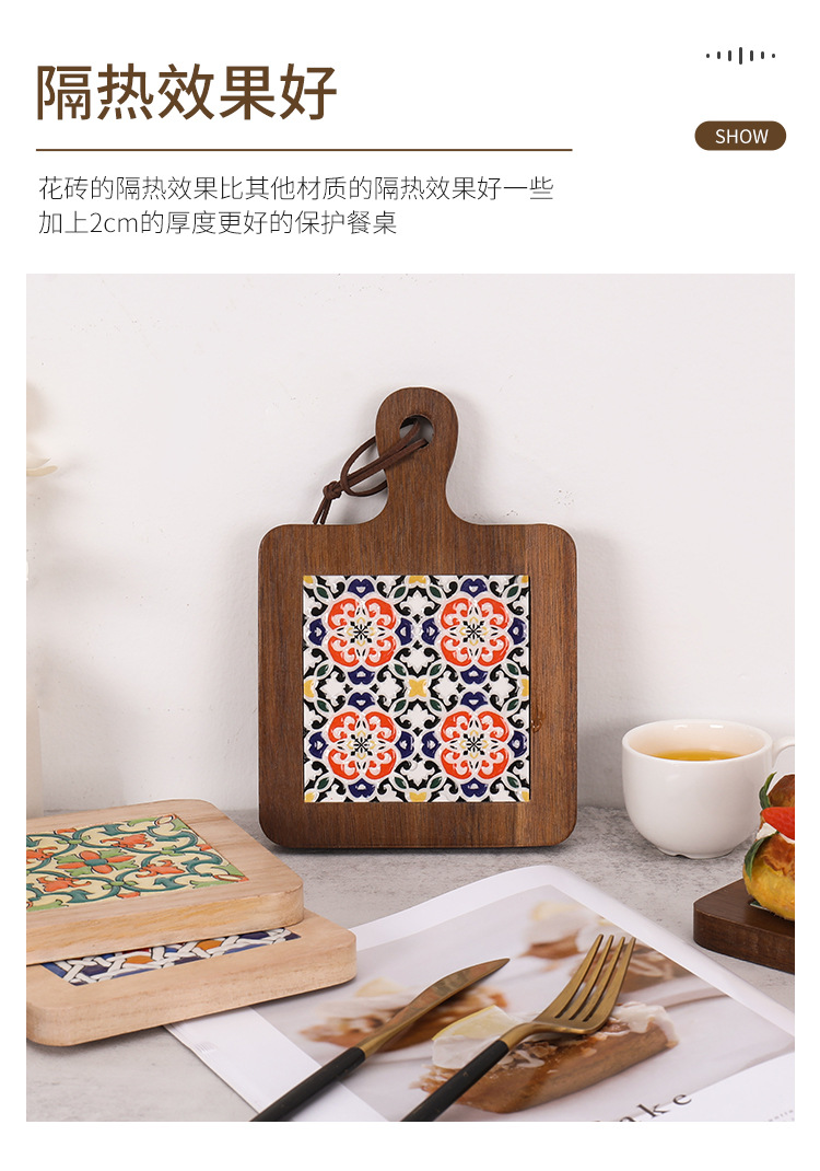 Heat insulation pad, retro solid wood flower tile, handle pot pad, wooden heat-resistant plate and cup pad, household clay pot and soup pot heat insulation wooden pad pic 6