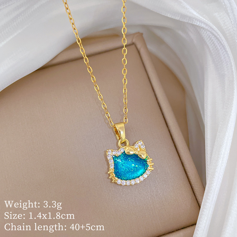 【钛钢】炫彩蝴蝶结猫咪轻奢气质华丽满钻项链女百搭锁骨钛钢链详情3