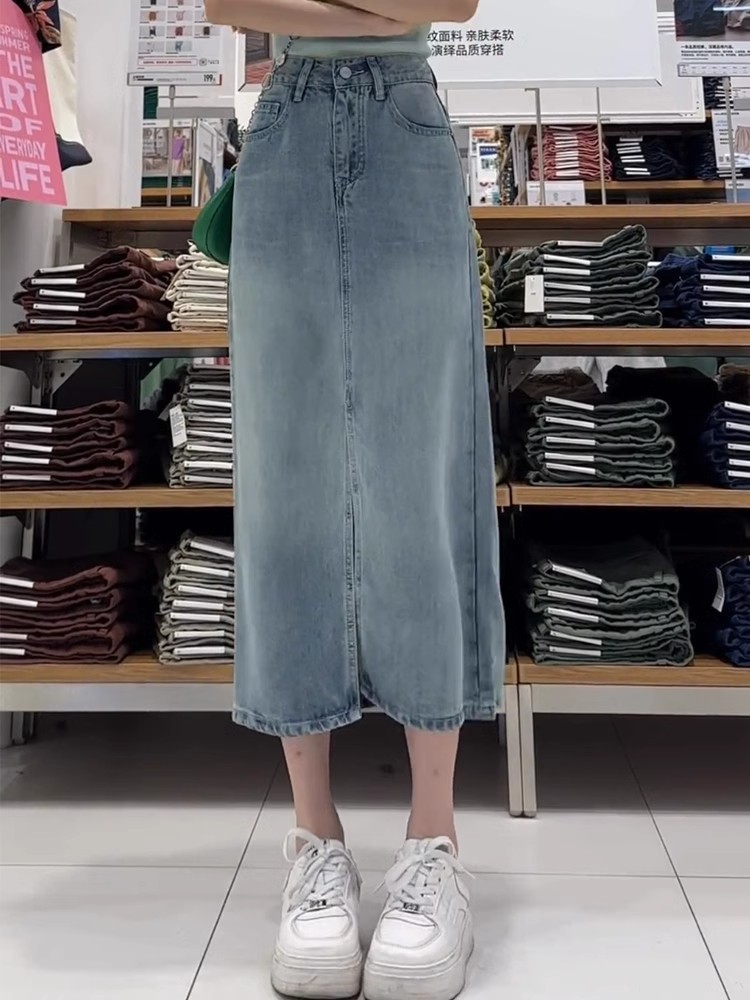 Pear-shaped figure, blue tencel denim skirt for women in summer, thin, large-sized, high-waisted, slimming, mid-length A-line skirt pic 11