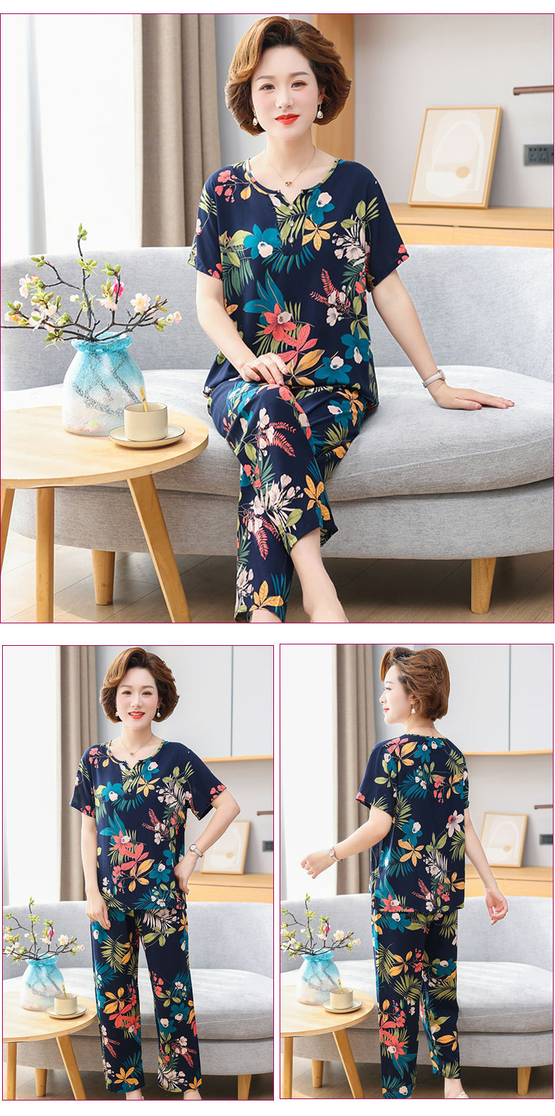 Cotton silk pajamas for women, summer short-sleeved suits, cotton silk for middle-aged and elderly mothers, large-sized artificial cotton home wear for women, suitable for wearing outside pic 8