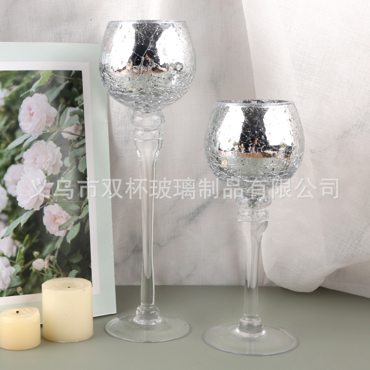 Electroplated broken gold glass candlesticks, hand-blown glass handicrafts in stock, three-piece set of European-style restaurant high-legged candlesticks pic 10