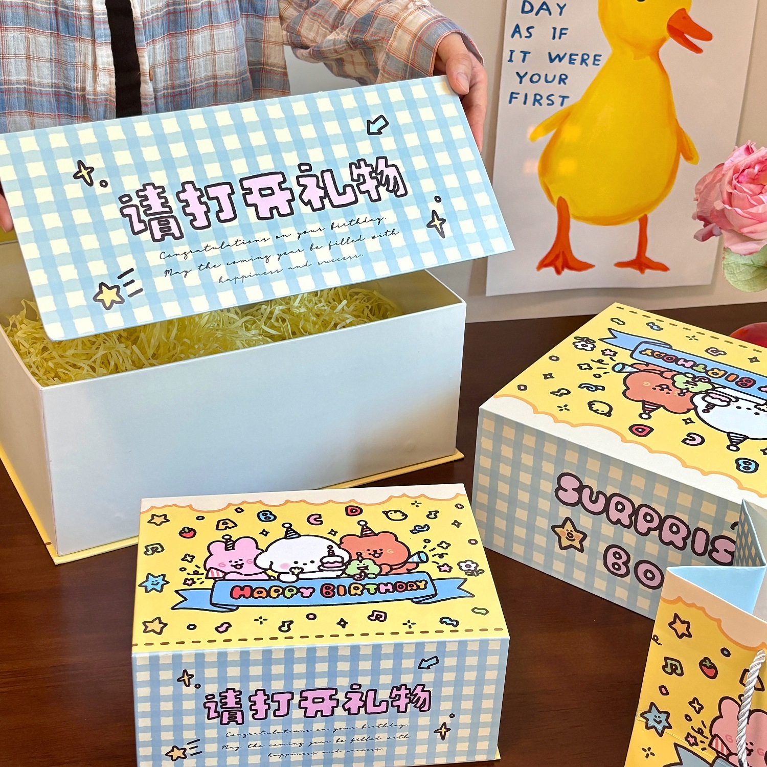 Rectangular birthday gift box, large gift packaging paper box with gift bag, cute Ins-style cartoon magnetic box pic 8