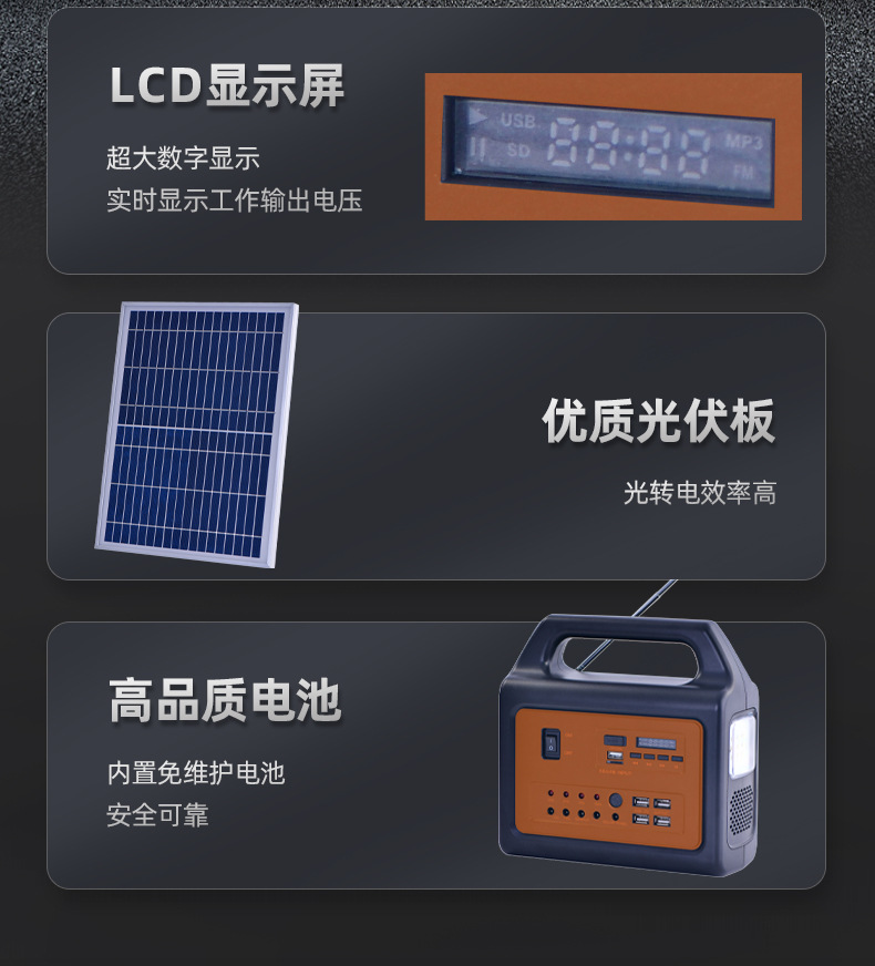 直流太阳能储能系统光伏太阳能电池家用露营户外移动储能电源跨境批发详情9