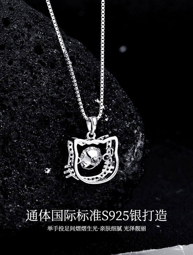 S925 pure silver pink little cat necklace for girls, new light luxury, niche and high-end design, collarbone chain moissanite pic 8
