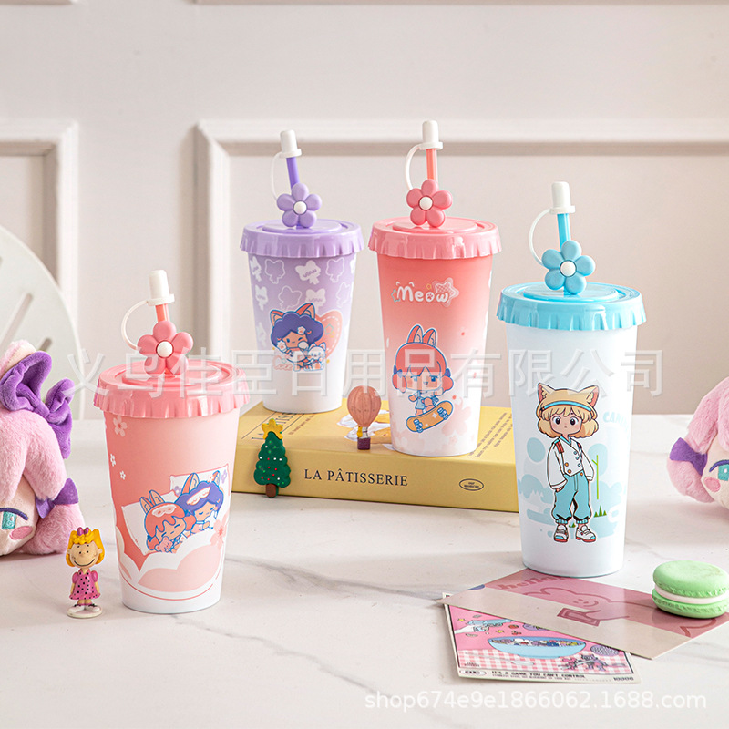 新款哑光渐变犬系少女吸管杯学生高颜值可爱童趣饮料果汁杯防尘帽详情1