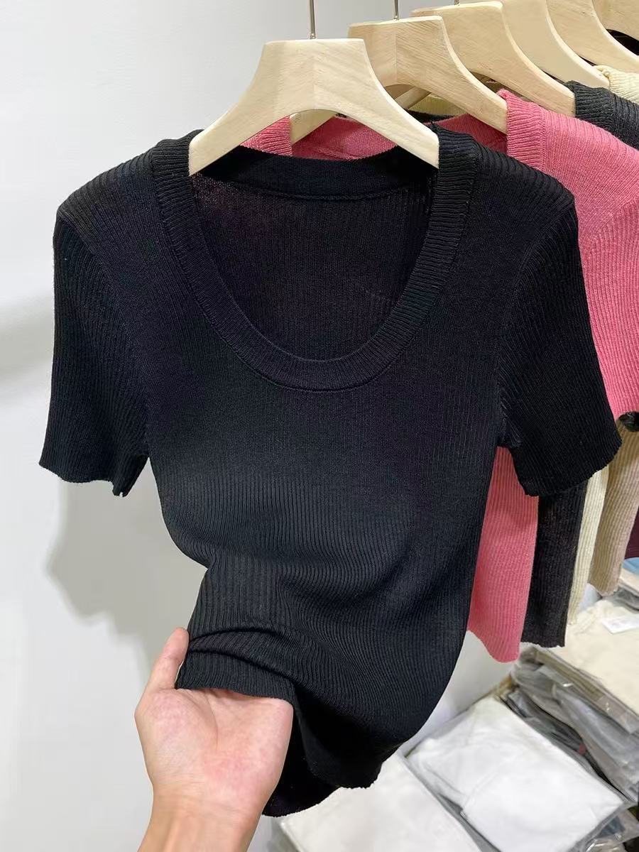 In 2025, a Korean-style U-neck off-the-shoulder knitted short-sleeved sweater for women, a thin solid color versatile spring short top for women pic 3