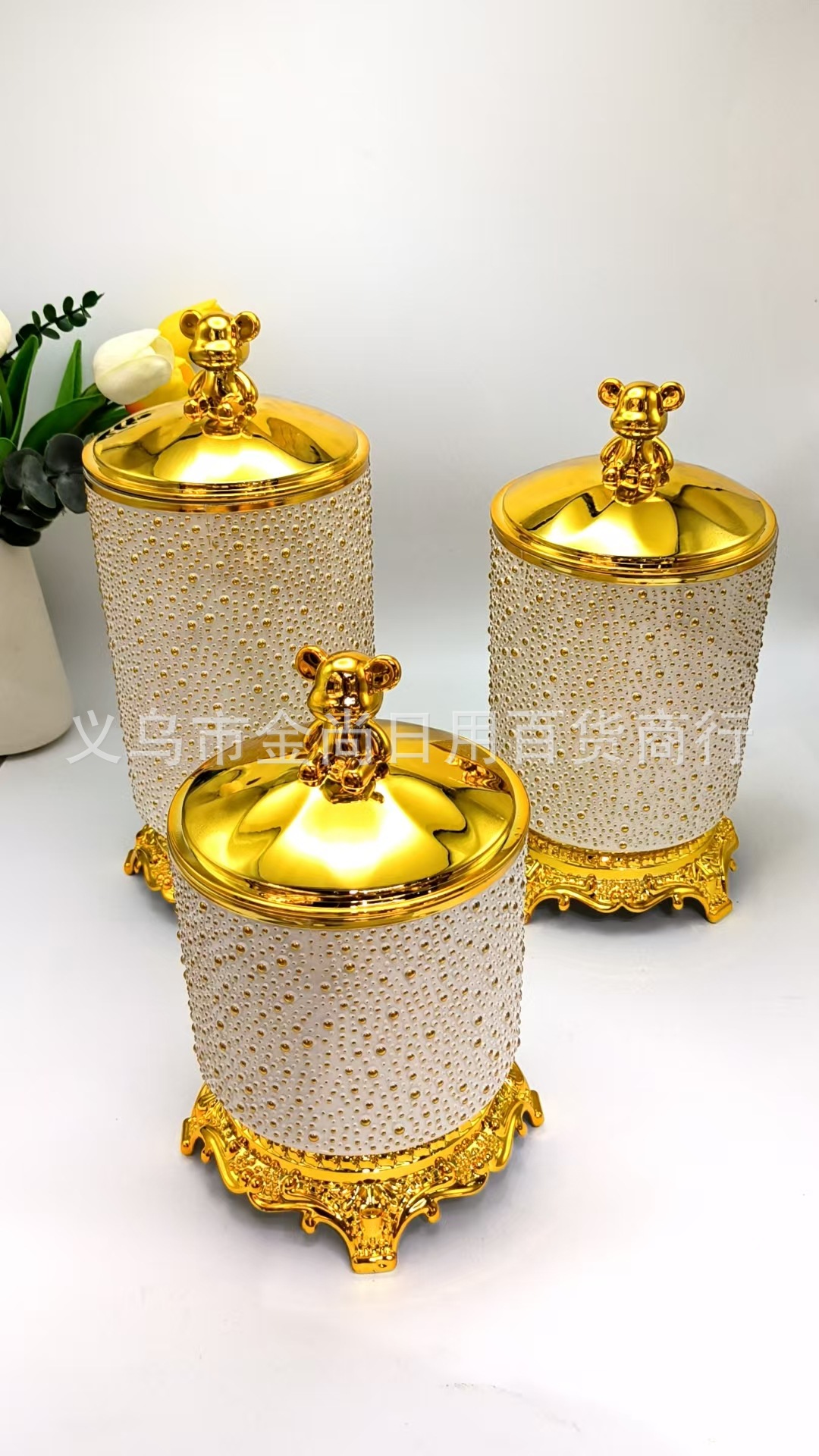 Plastic bear lid, round rice beads, gold edge, round stand, storage tank, kitchen rice storage tank with color box pic 4