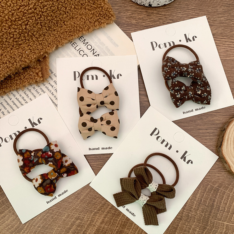 新款韩版布艺蝴蝶结发圈对装美拉德色系波点格纹宝宝高弹力发绳详情8