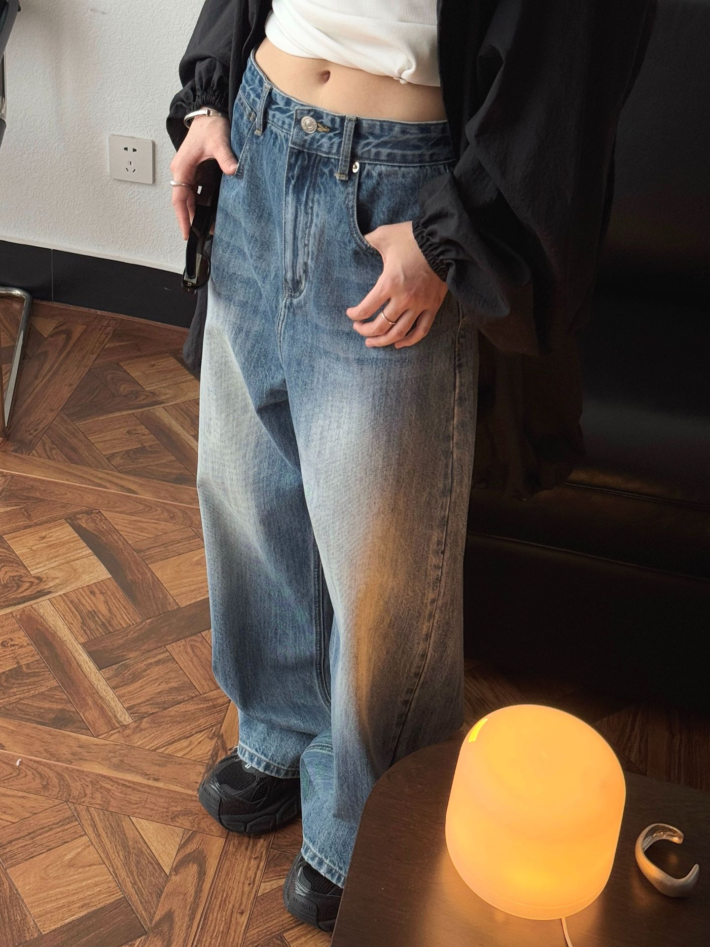 卢浮春夏新款美式复古磨白水洗牛仔裤宽松阔腿显瘦休闲长裤女详情31