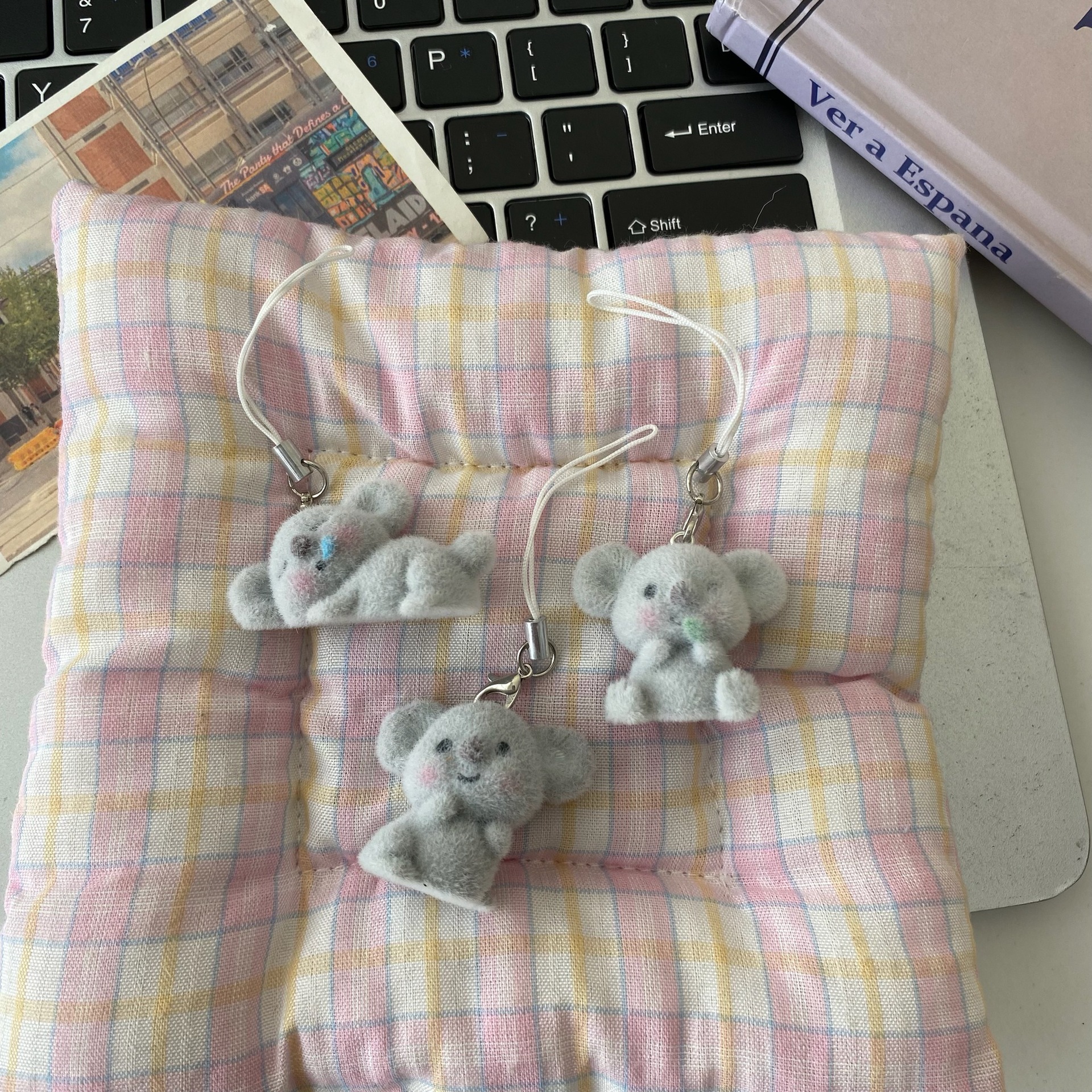 Flocked koala mobile phone line pendant, keychain, creative and personalized gift, schoolbag pendant, high appearance level, niche pendant, flocked cartoon doll, flocked koala keychain pendant, cartoon cute keychain pic 5