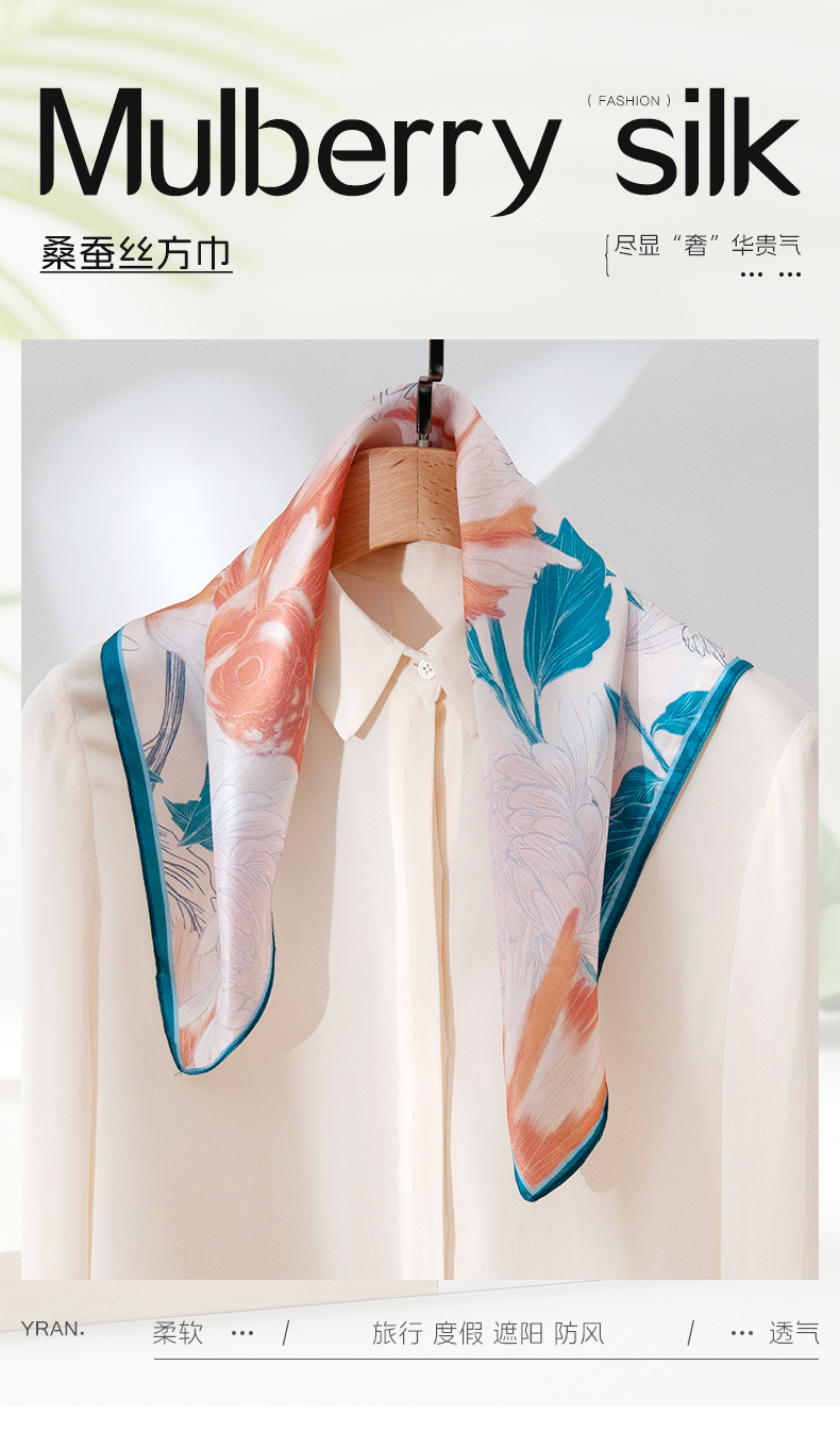 Spring and summer new travel sun protection versatile silk scarf, 100% silk small square scarf, floral printed silk scarf, neck-tying small square scarf pic 4