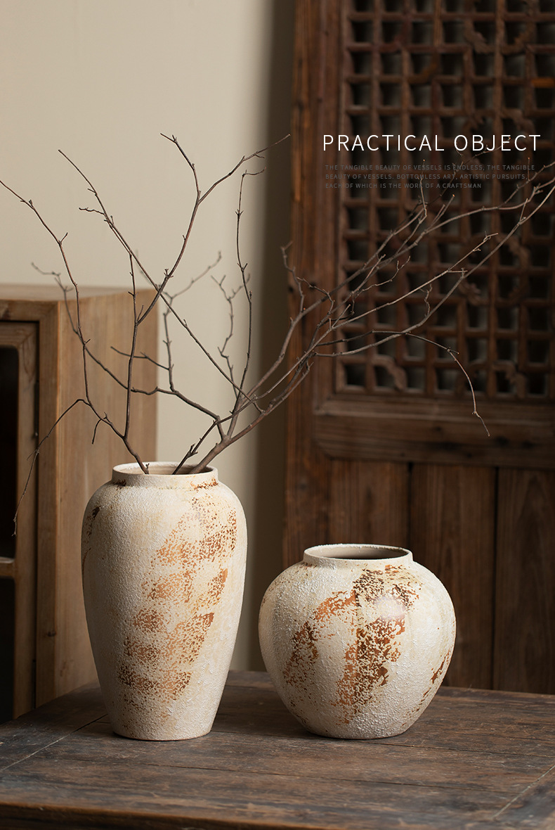 新中式侘寂风装饰品摆件斑驳老旧粗陶罐玄关电视柜插花陶瓷大花瓶详情11