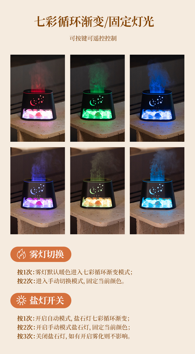 2025新款盐石灯火焰香薰机桌面usb大雾量七彩火焰加湿器精油扩香详情10