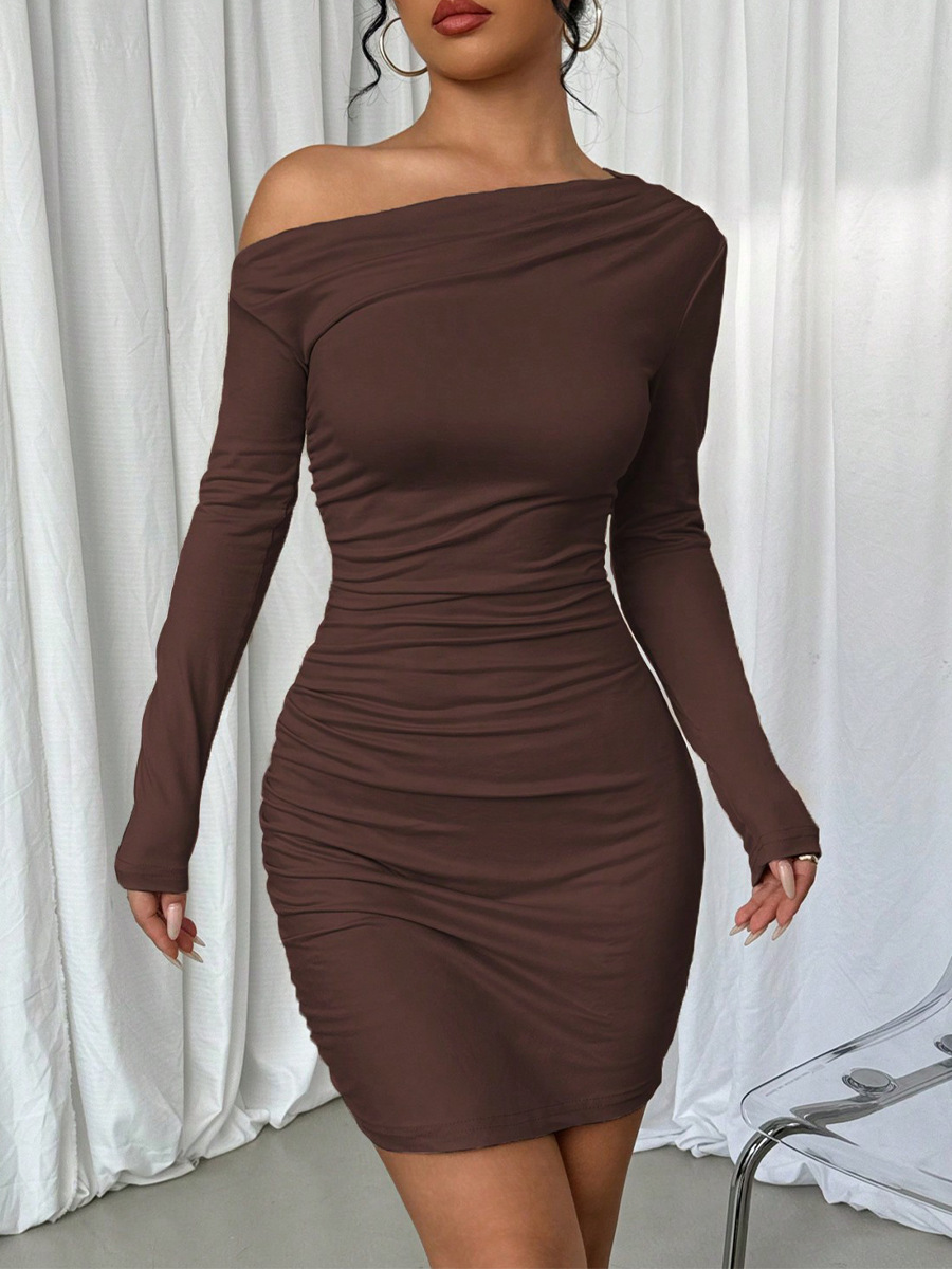 Cross-border foreign trade ins European and American solid-color fitted dress 2025 Autumn new style off-the-shoulder long-sleeved dress, body-hugging dress pic 11