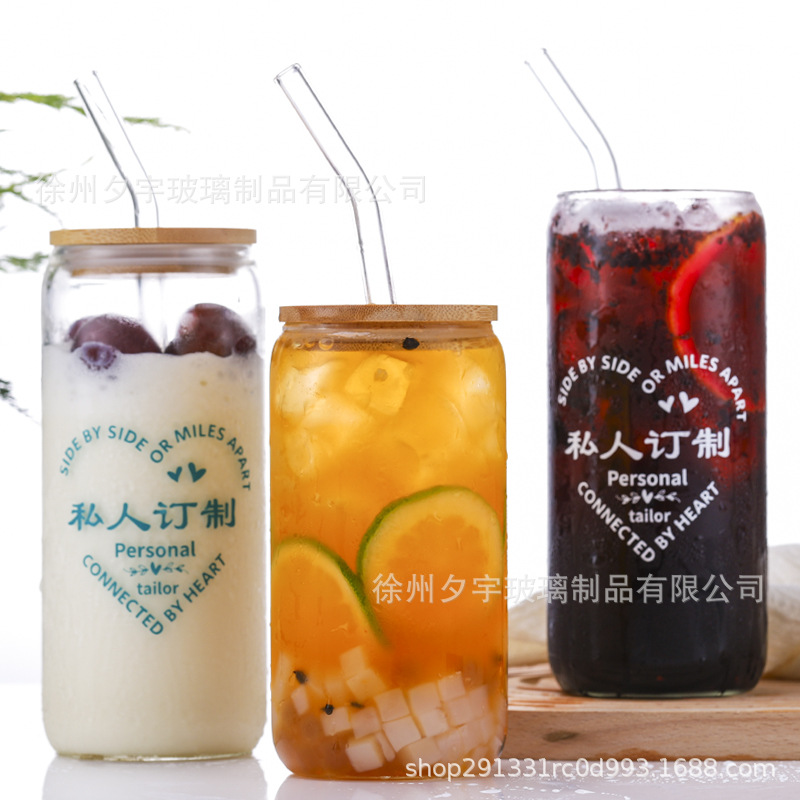 跨境亚马逊新款网红可乐杯16oz梅森杯竹盖玻璃杯饮料果汁杯带吸管详情1