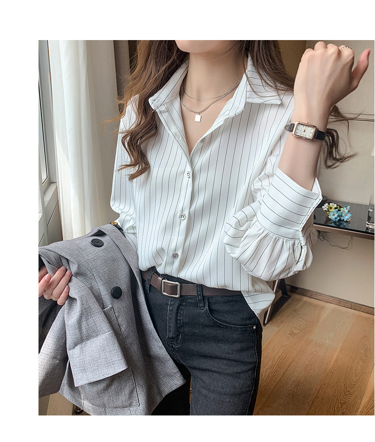 This vertical striped chiffon shirt for women with three-quarter sleeves is a new autumn collection. It features a unique and mature design with a sense of elegance and drape pic 21