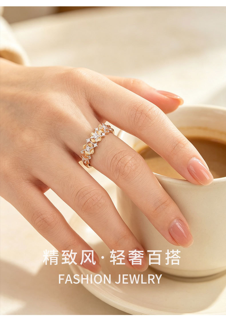 A niche and high-end two-color gold flower open ring, made of copper alloy, real gold electroplated, brushed and zirconium-inlaid adjustable ring pic 5