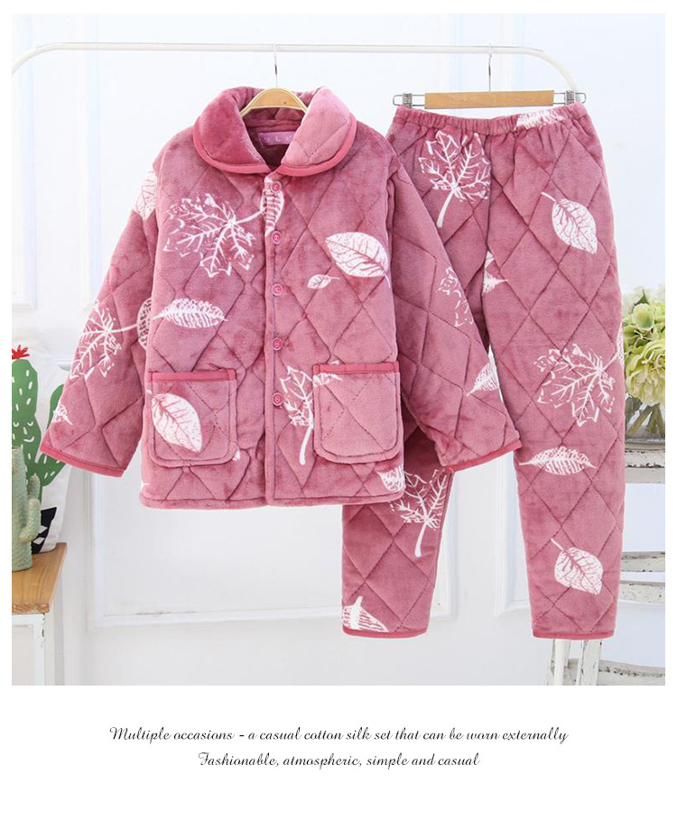 中老年妈妈冬季睡衣女三层加绒加厚夹棉珊瑚绒保暖家居服外穿套装详情29