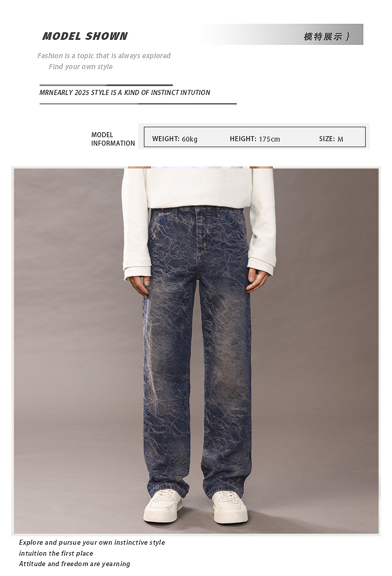 Trendy wavy straight-leg jeans for men, high street washed slightly loose long pants for men 2025 pic 1