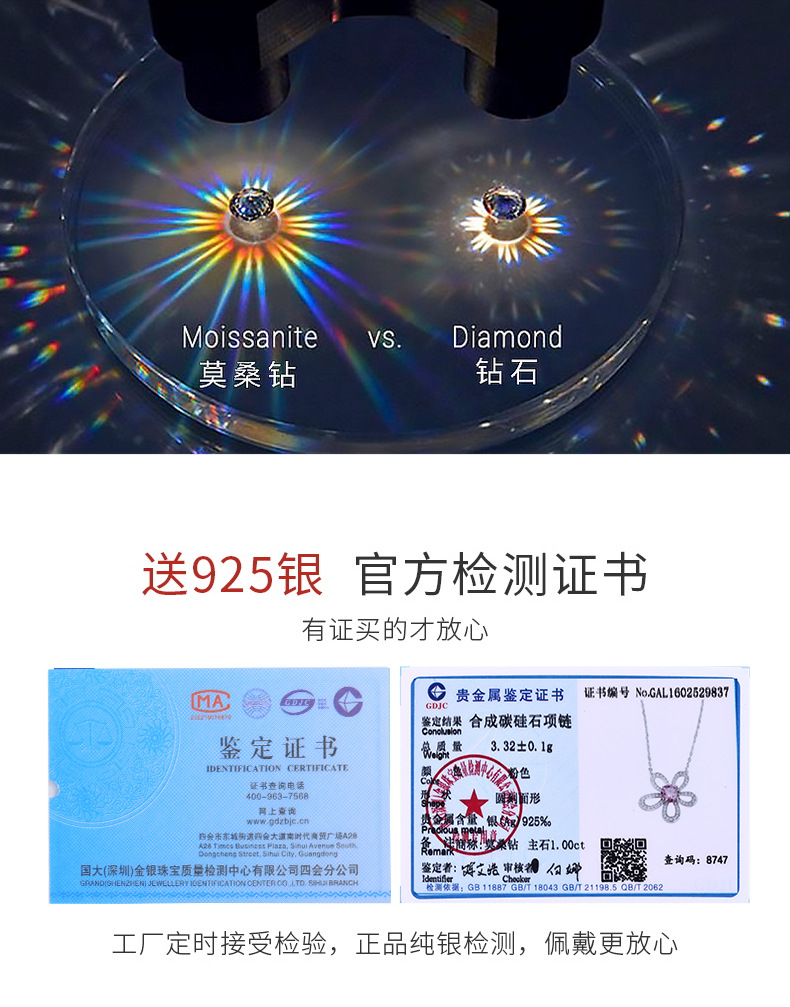 个性粉丝花朵莫桑石项链S925银复古轻奢锁骨链高级感百搭详情7