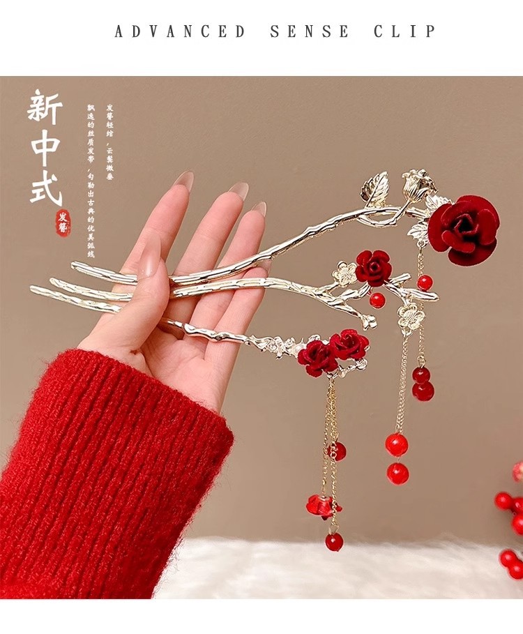 红色新年发簪新中式后脑勺盘发高级感簪子古风高级感步摇流苏发饰详情16
