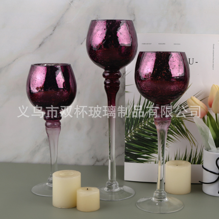 Electroplated broken gold glass candlesticks, hand-blown glass handicrafts in stock, three-piece set of European-style restaurant high-legged candlesticks pic 7
