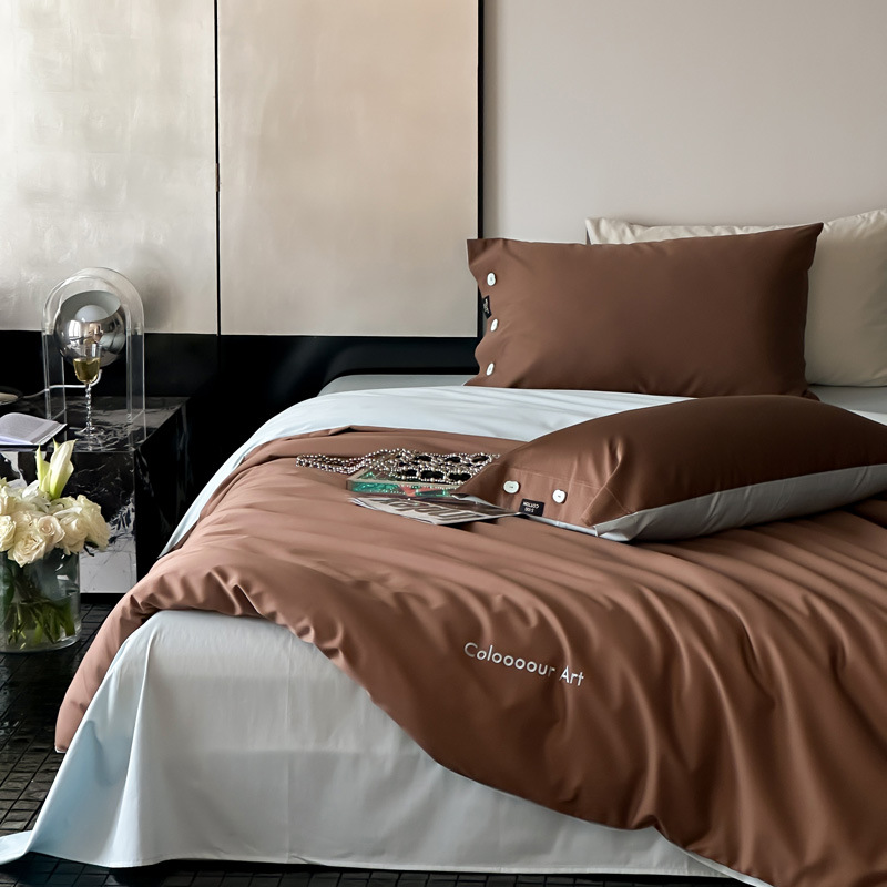 Simple, light luxury and fashionable solid-color long-staple cotton four-piece set, pure cotton letter-embroidered duvet cover, double bedding pic 81