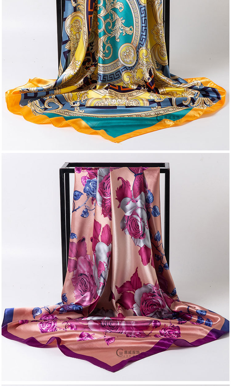 Chinese trend direct sales for overseas gift-giving, Chinese-style 90*90cm large square scarf, faux silk scarf, shawl, spring and autumn new style pic 11