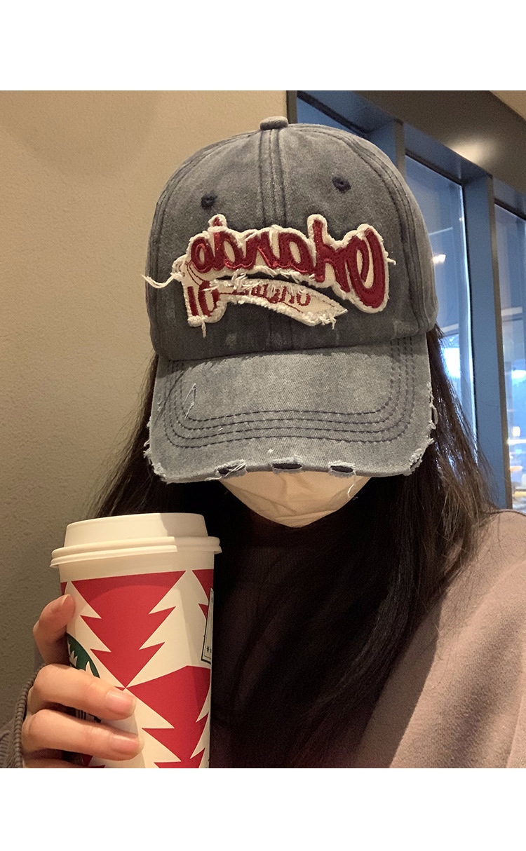American retro distressed baseball cap for women, washed-out, ripped denim wide-brimmed baseball cap, face-showing small cap pic 7