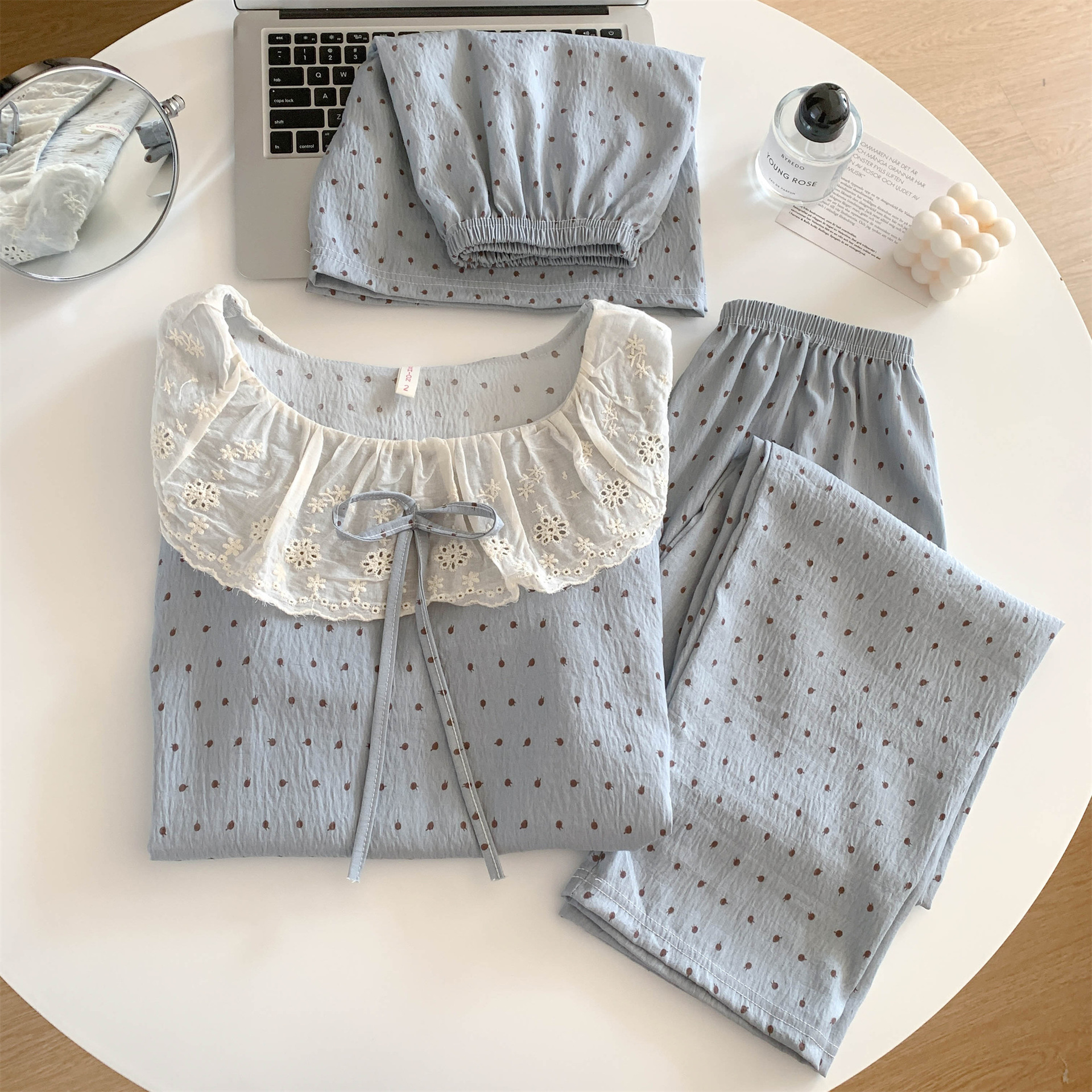 圆领大翻领花边云朵棉睡衣女春秋短袖短裤长裤甜美家居服女套装详情3