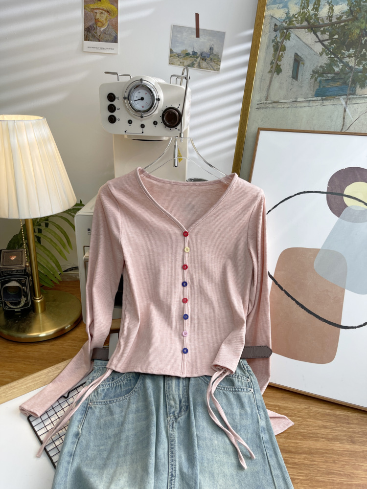 抽绳针织长袖t恤女2024秋新款修身短款设计感内搭打底衫上衣4659详情15