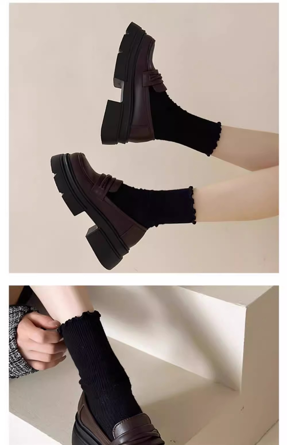 牛皮版~英伦风厚底真皮小皮鞋女复古黑色休闲松糕鞋一脚蹬乐福鞋详情12