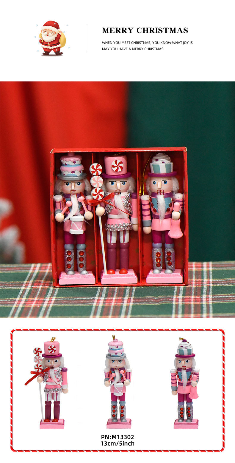 13CM set of four nutcrackers, 5-inch wooden decorative handicrafts, Christmas festival hanging ornaments, painted puppet figures, new European-style nutcracker hanging pieces, cartoon dolls, pink candy handicrafts, Christmas festival decorations pic 4