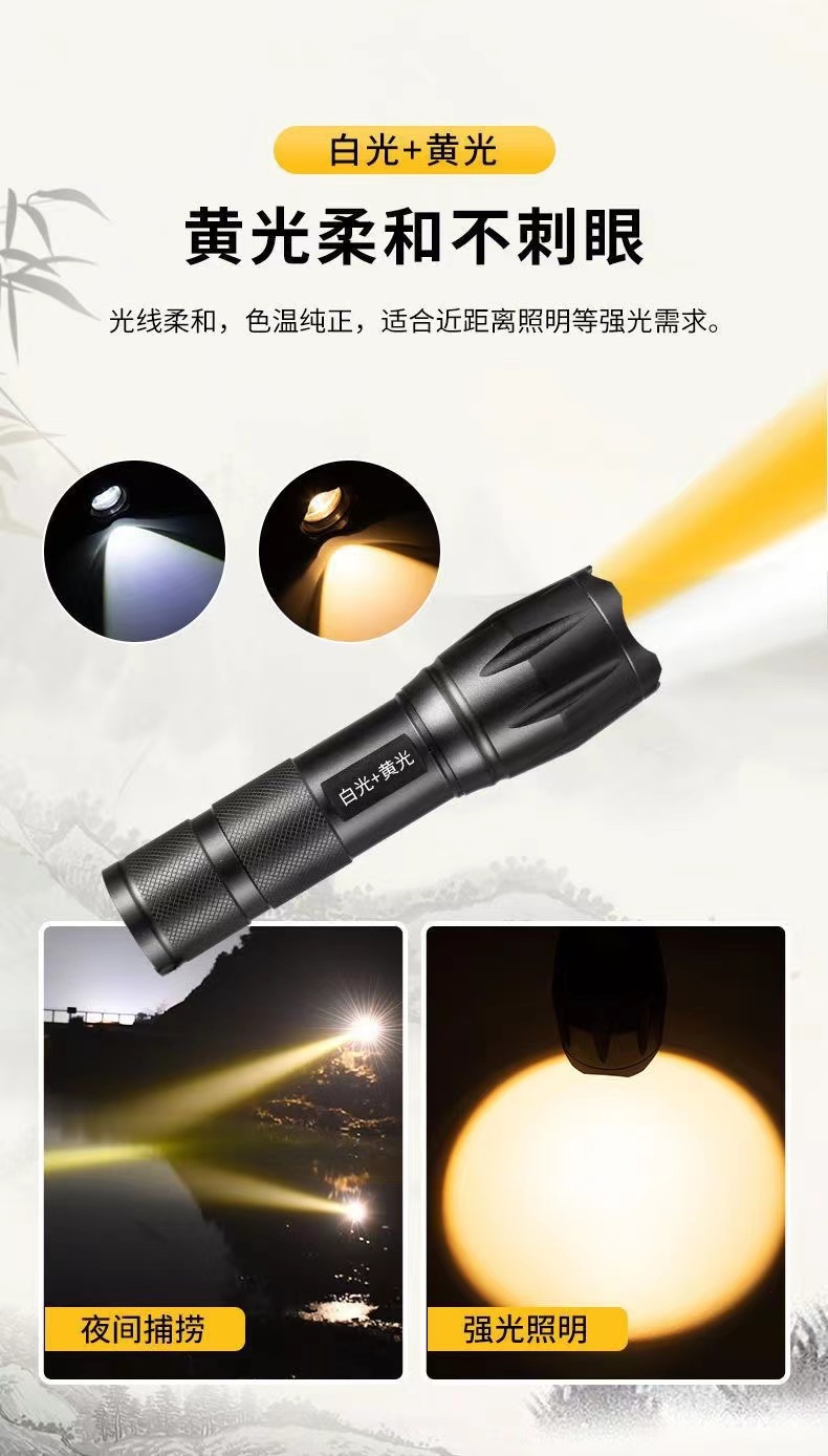 USB直充白黄蓝紫四光源强光手电筒紫光灯检测防伪固化蓝光夜钓灯详情2