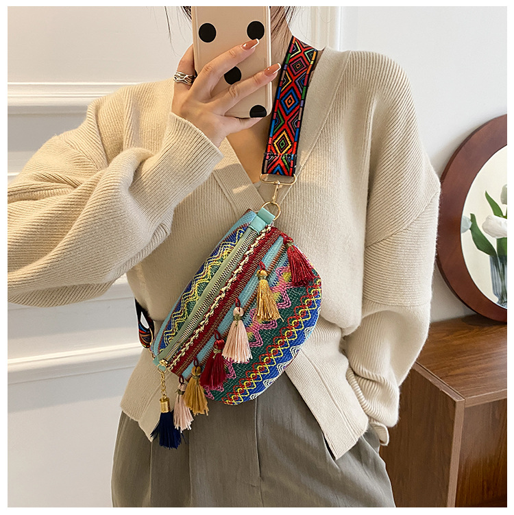 国潮民族风撞色流苏包包女新款编织个性复古彩带腰包斜挎详情12
