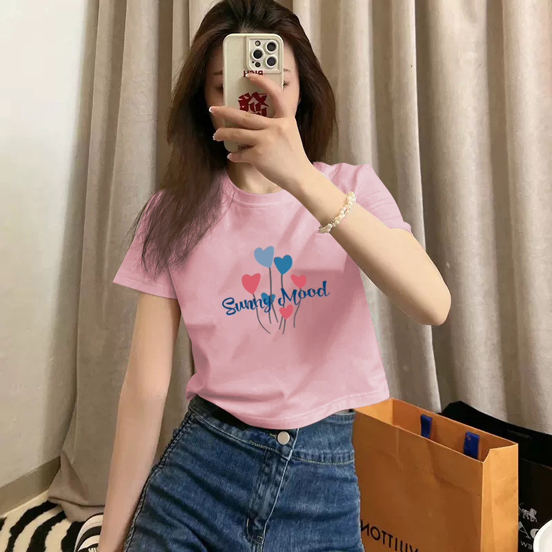 Pure cotton short-sleeved T-shirt for women, new summer style, high-waisted short, spicy girl style, slimming and petite, round-neck base layer pic 24