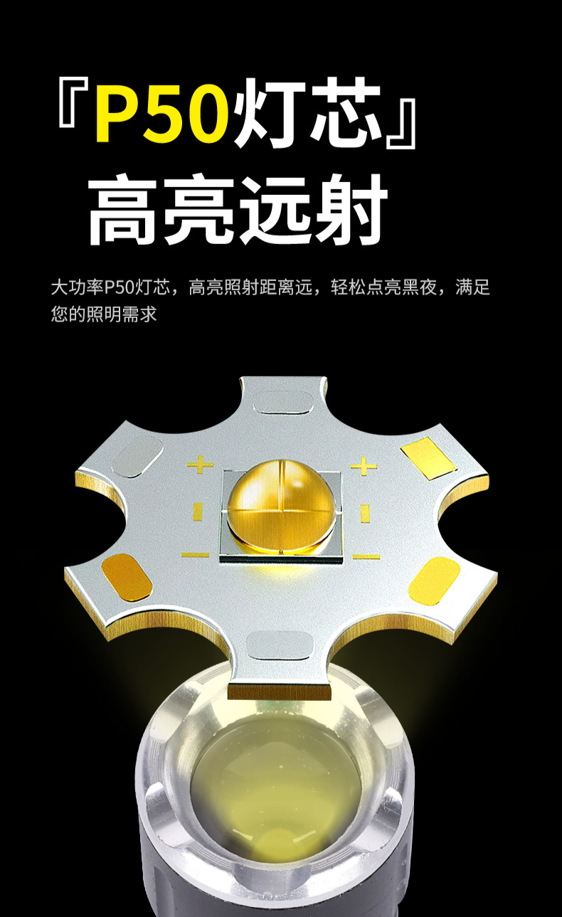 跨境P50内置锂电手电筒强光远射尾部磁铁隐藏USB直充户外便携家用详情5